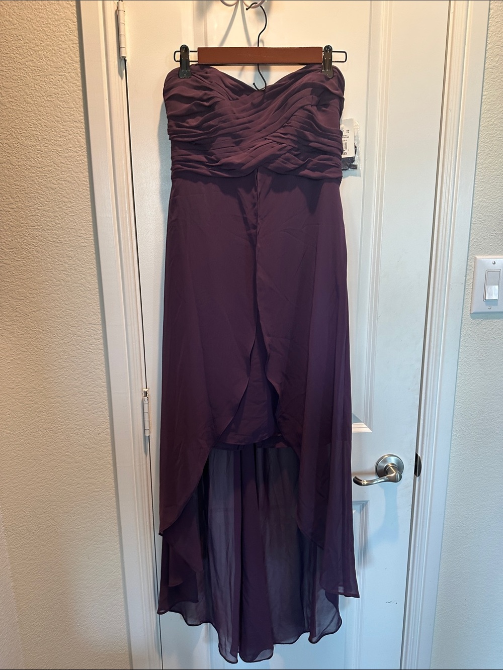 David's Bridal Strapless Ruched High-Low Dress in Plum